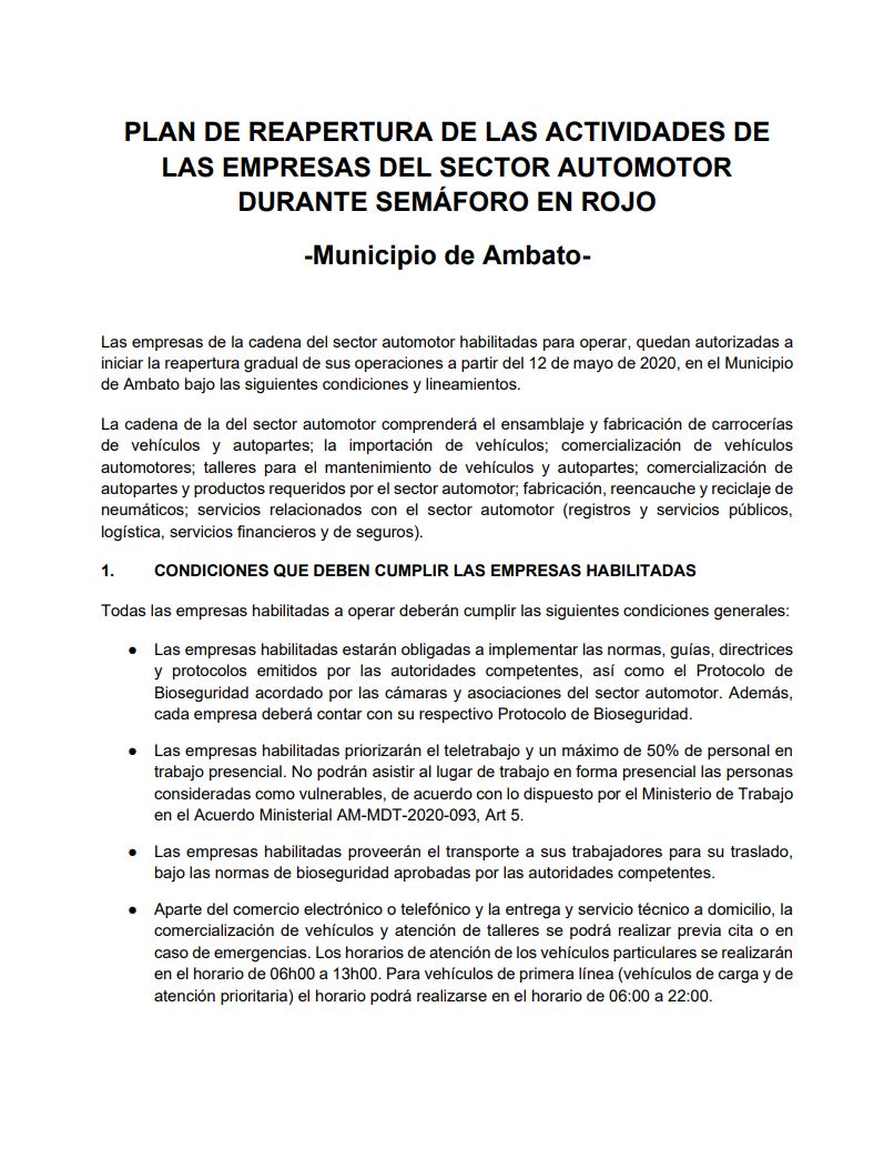 Plan de reapertura de las actividades de las empresas del sector automotor durante semáforo en rojo