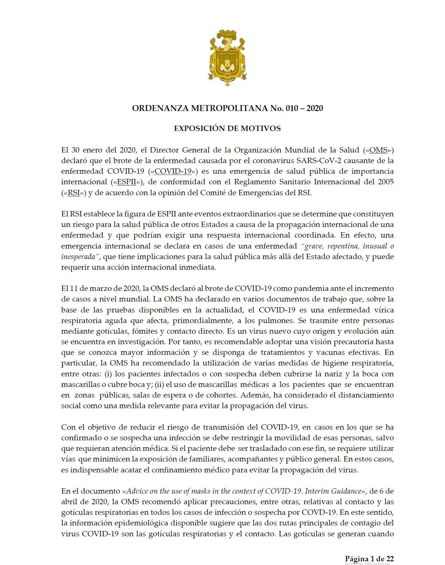 Ordenanza Metropolitana No. 010-2020 Medidas Coronavirus