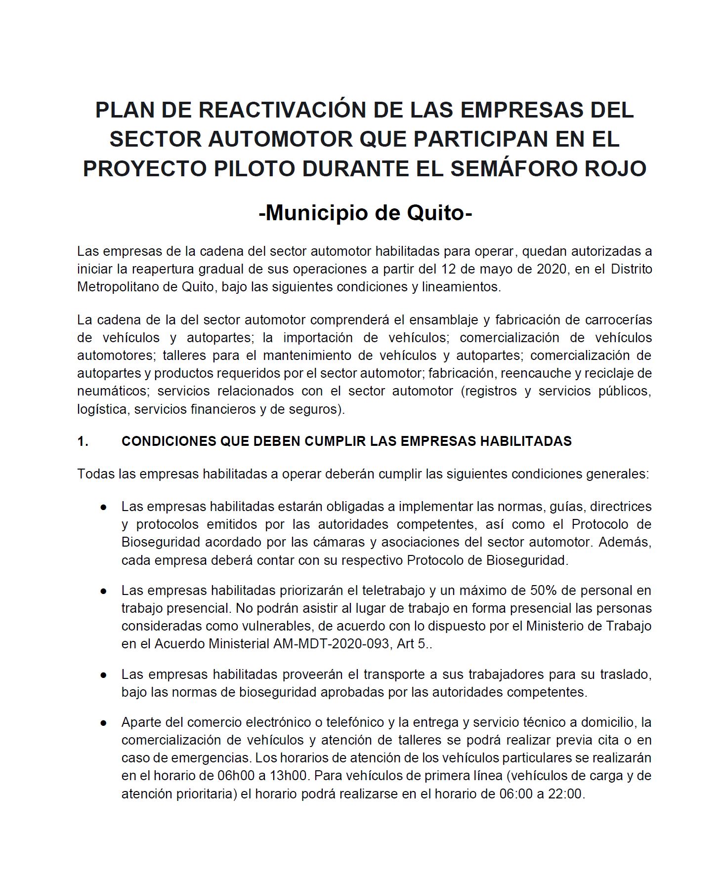 Plan de reactivación de las empresas del sector automotor que participan en el proyecto piloto durante el semáforo rojo